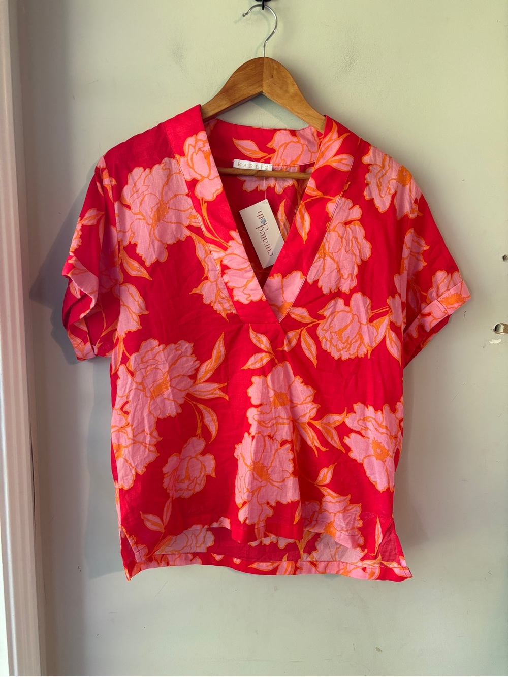 Karlie Pink Red Floral Cotton Lightweight Blouse Small